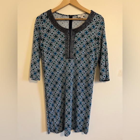 Ann Taylor LOFT Women Shift Dress 6 Blue Beads Preppy Casual Mandala Work Modest - Picture 1 of 17